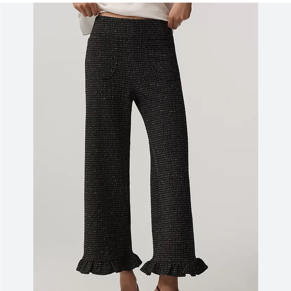 Maeve The Colette Crop Tweed Ruffle Hem Pants Black Pattern Wide Leg Sz 30 TALL